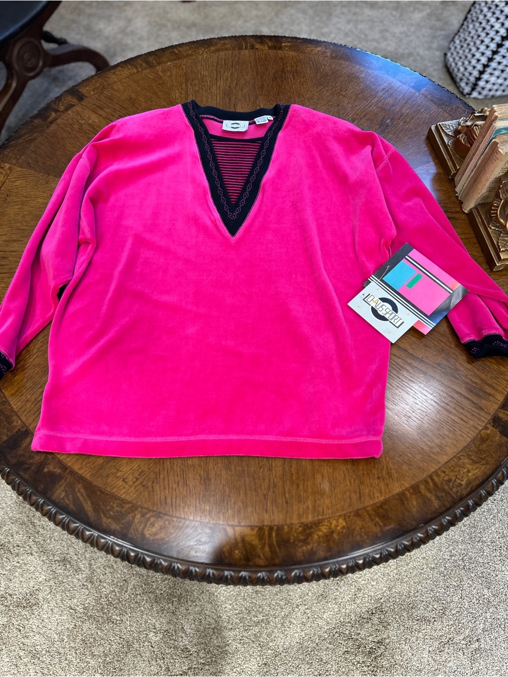 Vintage Size M Chaus Sport Top Fuschia Velour 80s Colorblock Retro - Picture 6 of 10